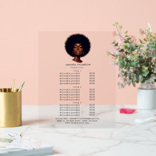 Melanine Chic Afro Hair Salon Prijzen en diensten Acryl Bord