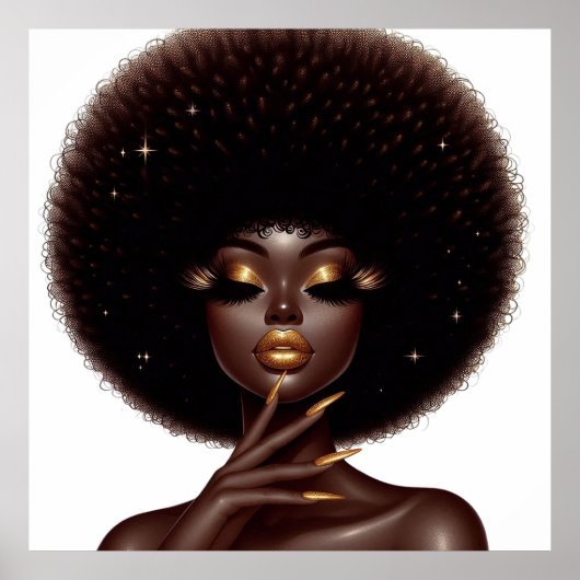 Melanine Chic Afro Schoonheid met Gouden Accenten Poster (Voorkant)