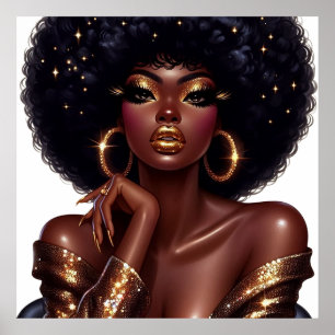 Melanine Chic Afro Schoonheid met Gouden Glans Acc Poster