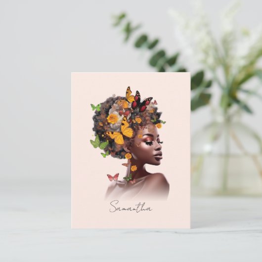 Melanine Magic: Afro Haar en Kleurrijke Vlinder Briefkaart (Staand voorkant)