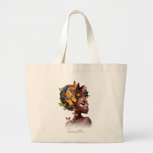 Melanine Magic: Afro Haar en Kleurrijke Vlinder Grote Tote Bag