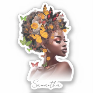 Melanine Magic: Afro Haar en Kleurrijke Vlinder Sticker