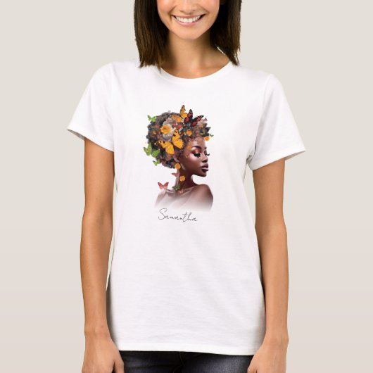 Melanine Magic: Afro Haar en Kleurrijke Vlinder T-shirt (Voorkant)