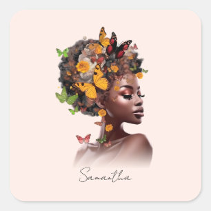 Melanine Magic: Afro Haar en Kleurrijke Vlinder Vierkante Sticker