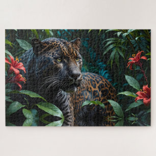 Melanistische Jaguar in Oerwoud Rode Bloemen Legpuzzel