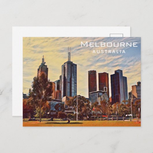 Melbourne Australia Skyline Waterverf Art Briefkaart (Voorkant / Achterkant)