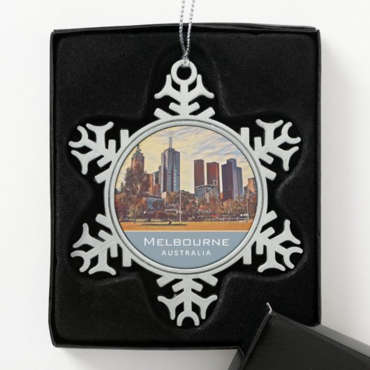 Melbourne Australia Skyline Waterverf Art Tin Sneeuwvlok Ornament (Kistje)