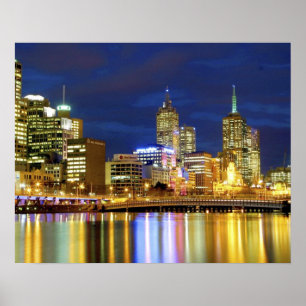 Melbourne, Australië. Een nachtelijk uitzicht van  Poster