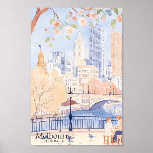Melbourne Australië Gouache Illustratie Reizen Poster (Voorkant)