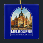 Melbourne Australië Reizen Kunst Vintage Keramisch Ornament<br><div class="desc">Melbourne retro vector reisontwerp. Melbourne is de hoofdstad van de Australische deelstaat Victoria. In het centrum van de stad ligt het moderne Federation Square,  met pleinen,  bars en restaurants aan de rivier de Yarra.</div>