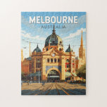 Melbourne Australië Reizen Kunst Vintage Legpuzzel<br><div class="desc">Melbourne retro vector reisontwerp. Melbourne is de hoofdstad van de Australische deelstaat Victoria. In het centrum van de stad ligt het moderne Federation Square,  met pleinen,  bars en restaurants aan de rivier de Yarra.</div>