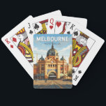 Melbourne Australië Reizen Kunst Vintage Pokerkaarten<br><div class="desc">Melbourne retro vector reisontwerp. Melbourne is de hoofdstad van de Australische deelstaat Victoria. In het centrum van de stad ligt het moderne Federation Square,  met pleinen,  bars en restaurants aan de rivier de Yarra.</div>