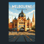 Melbourne Australië Reizen Kunst Vintage Poster<br><div class="desc">Melbourne retro vector reisontwerp. Melbourne is de hoofdstad van de Australische deelstaat Victoria. In het centrum van de stad ligt het moderne Federation Square,  met pleinen,  bars en restaurants aan de rivier de Yarra.</div>