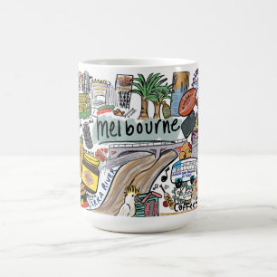 Melbourne City Illustratie Mok, Wit Koffiemok