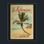 Melbourne Palm Tree Vintage Travel Briefkaart<br><div class="desc">Een unieke retro middeleeuwse moderne Melbourne Florida-kunstfoto in de klassieke stijl van het poster. Het bevat een gebogen palmboom op zandige stranden met oceaan onder een blauwe troebele hemel.</div>