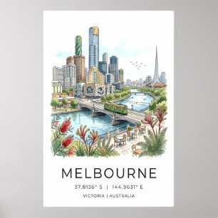 Melbourne Skyline Poster - met de hand getekende s