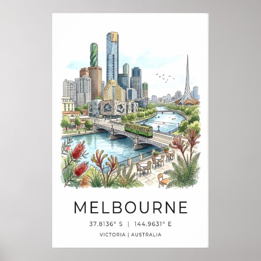 Melbourne Skyline Poster - met de hand getekende s (Voorkant)
