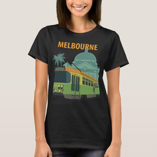 Melbourne Tram Stad Zonsondergang Reis T-shirt (Voorkant)