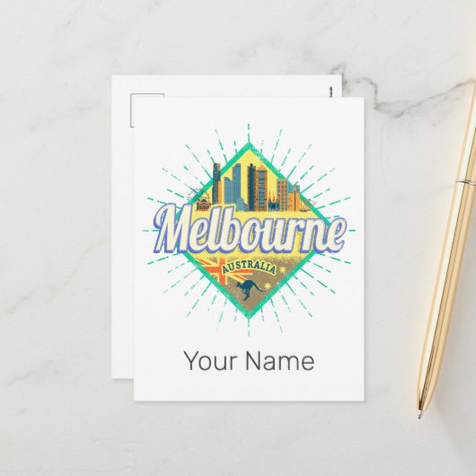 Melbourne Victoria Australia Retro Skyline  Feestdagenkaart (Voorkant / Achterkant in situ)