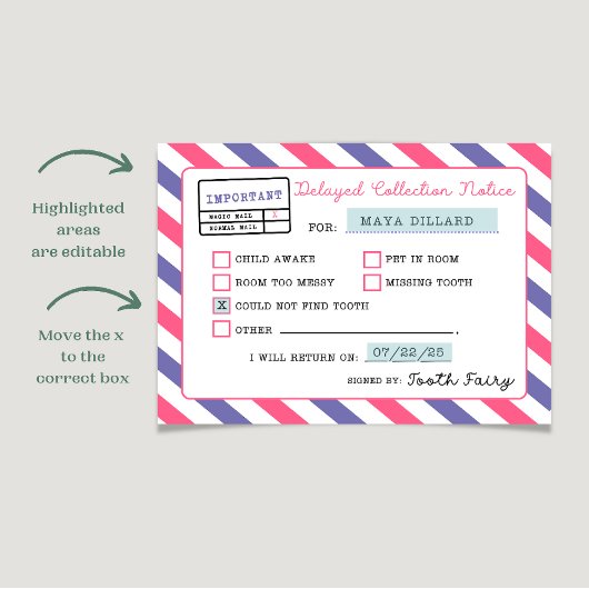 Melding tandenfee-vertraging afdrukbaar kaart