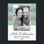 Mele Kalikimaka Ananas Kerstmis Fotokaart Feestdagenkaart<br><div class="desc">Mele Kalikimaka Faux Folie Gold en Aqua Blue Pineapple Kerstblauw Zwart-wit Fotokaart. Deze Hawaiiaanse kerstkaart is ideaal voor een Kaart met een tropisch familiekerstdiner.</div>