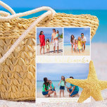 Mele Kalikimaka Beach Familie Fotocollage Goud Folie Feestdagenkaart<br><div class="desc">Chique aanpasbare strand familie foto collage gouden folie kerstkaart met uw favoriete tropische foto's in de zon. Voeg 3 van je favoriete herinneringen van je eilandvakantie toe aan de kust aan de voorkant en één aan de achterkant. Een prachtige kustvakantiepas met een strakke,  moderne fotolay-out en  blauw schrift.</div>