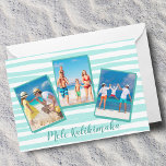 Mele Kalikimaka Beach Kerstmis Blauwgroen Foto Feestdagenkaart<br><div class="desc">Mooie blauwgroen golvende lijnen naast elkaar vormen een fraaie kerstkaart voor de moderne familie die Mele Kalikimaka leest, de Hawaiiaanse manier om vrolijk kerstfeest te zeggen. Een cool strandkleurenmotief op deze trendy aangepaste fotograafvakantiekaart. Pas de vakantie-sjabloon aan met uw eigen afbeeldingen voor drie families of kinderen. Pas de rug aan...</div>