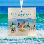 Mele Kalikimaka Beach Vakantie 3 Foto Kerstmis Glas Ornament<br><div class="desc">Chique aanpasbare strand familie foto collage kerst ornament met uw favoriete tropische foto in de zon. Voeg 3 verticale foto's toe van uw favoriete reis van uw eilandvakantie naar de kust. Een prachtig kust vakantie ornament cadeau met  blauw script boven de drie afbeeldingen.</div>