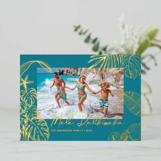 Mele Kalikimaka Blue Photo Christmas Folie Feestdagenkaart (Staand Voorkant)