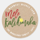 Mele Kalikimaka Borstel Script Hibiscus Kerstmis Ronde Sticker (Voorkant)