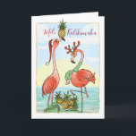 Mele Kalikimaka Christmas Pink Flamingo Feestdagen Kaart<br><div class="desc">Wil je vrienden en familie een warm welkom wensen deze kerst? Hier zijn enkele zeer unieke en mooie Mele Kalikimaka kerstkaarten ontworpen door Raphaela Wilson. De afbeelding toont 2 roze flamingo's die feestelijke vakantie petten dragen in een warme tropische strandscène met sprankelende zeeen golven. Een zak vol met gouden ananas...</div>