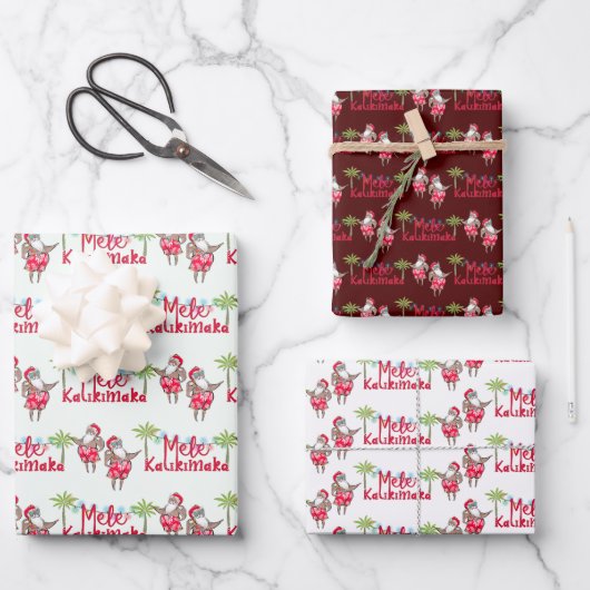 Mele Kalikimaka en Hawaiian Santas inpakpapier (Voorkant)