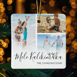 Mele Kalikimaka Foto Collage Keramisch Ornament<br><div class="desc">Elegant hawaiian kerstversier met een 3 foto-collage van je prachtige familie,  het gezegde "mele kalikimaka",  twee oceaanspreeuwen,  je familienaam en het jaar.</div>