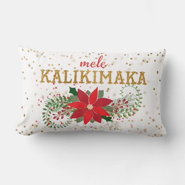Mele Kalikimaka Gold Glitter Poinsettia Kussen (Voorkant)