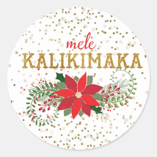 Mele Kalikimaka Gold Glitter Poinsettia Ronde Sticker (Voorkant)