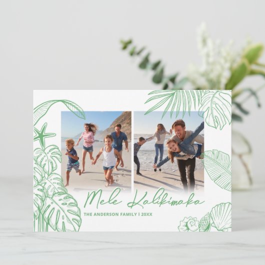 Mele Kalikimaka Green Twee Foto Kerstmis Feestdagenkaart (Staand voorkant)