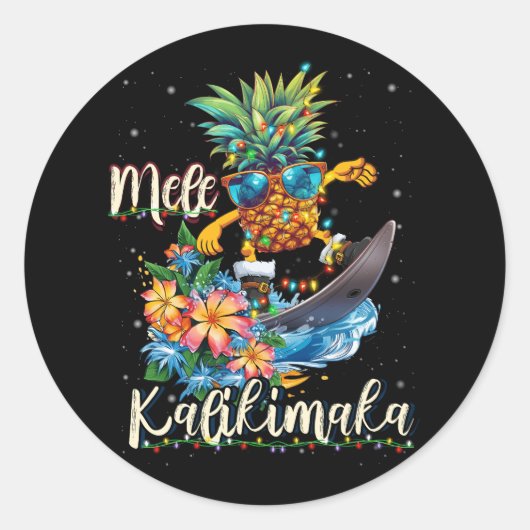 Mele Kalikimaka Hawaiian Ananas Surfen Rijden Ronde Sticker (Voorkant)