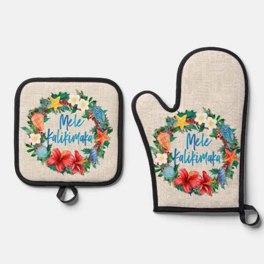 Mele Kalikimaka Hawaiian Beach Kerstkrans Ovenwant & Pannenlap Set (Voorkant)