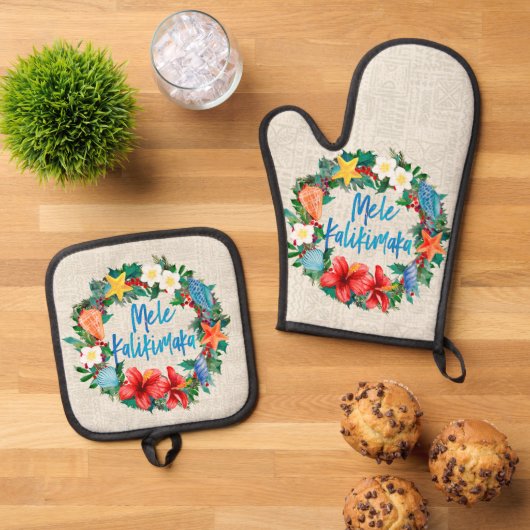 Mele Kalikimaka Hawaiian Beach Kerstkrans Ovenwant & Pannenlap Set (Top down)