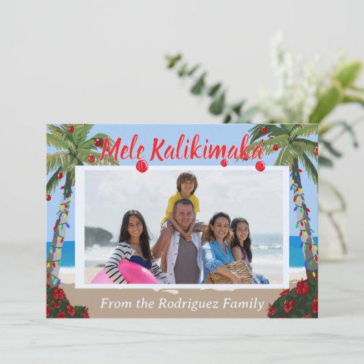Mele Kalikimaka Hawaiian Beach Personalized Photo Feestdagenkaart (Staand voorkant)