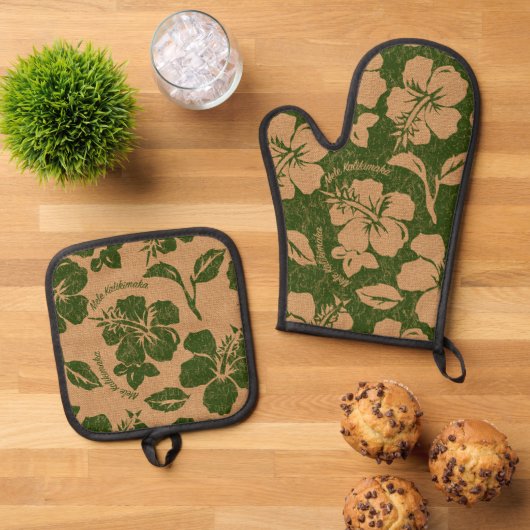 Mele Kalikimaka  Hawaiian Hibiscus Green Ovenwant & Pannenlap Set (Top down)