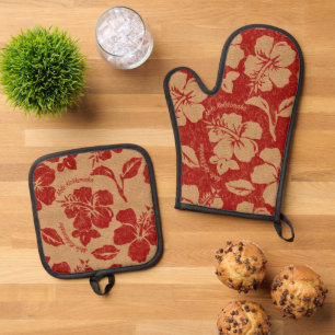 Mele Kalikimaka Hawaiian Hibiscus Red Ovenwant & Pannenlap Set