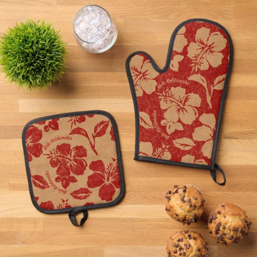 Mele Kalikimaka  Hawaiian Hibiscus Red Ovenwant & Pannenlap Set (Top down)