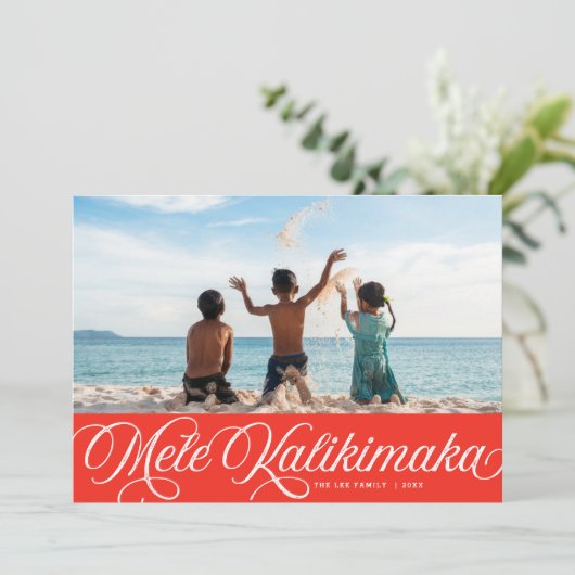 Mele Kalikimaka Hawaiian Holiday Red Photo Card Feestdagenkaart (Staand voorkant)