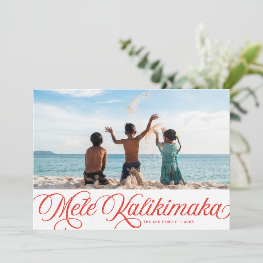 Mele Kalikimaka Hawaiian Holiday Red Photo Card Feestdagenkaart (Staand voorkant)