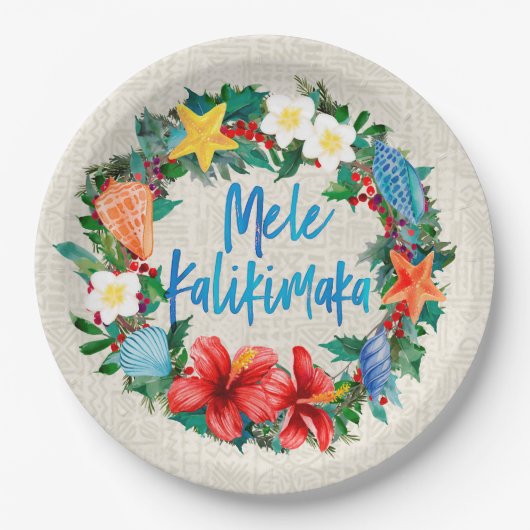 Mele Kalikimaka Hawaiian Kerstmis Wreath Papieren Bordje (Voorkant)