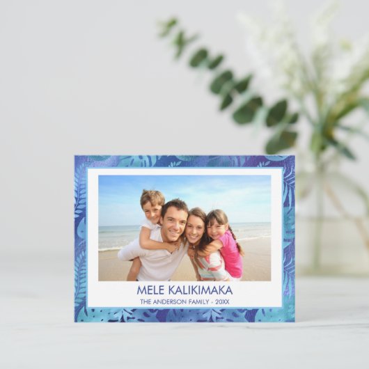 MELE KALIKIMAKA HAWAIIAN TROPISCH BLAUW FOTO FEESTDAGENKAART (Staand voorkant)