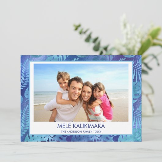 MELE KALIKIMAKA HAWAIIAN TROPISCH BLAUW FOTO FEESTDAGENKAART (Staand voorkant)