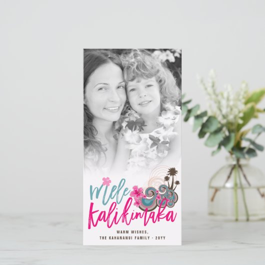 Mele Kalikimaka Hibiscus Palmboom Kerst Foto Feestdagenkaart (Staand voorkant)