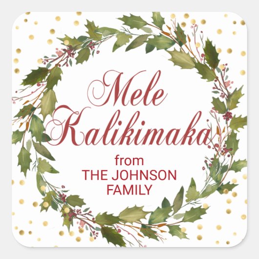 Mele Kalikimaka Holly Krans Goud Rood Wit Vierkante Sticker (Voorkant)